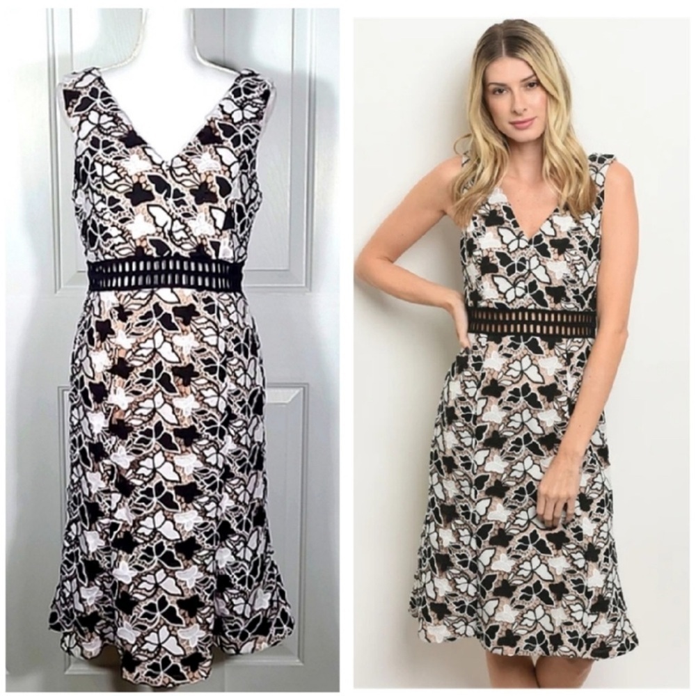 New Nikibiki Beige Sleeveless Midi Dress Black & White Lace Overlay Size Large